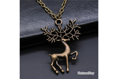 Collier Ancien – Chaîne Dorée Avec Pendentif Tête De Cerf – Dorure Défraîchie – Occasion