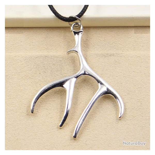 Collier cordon noir, bois de cerf, argent.