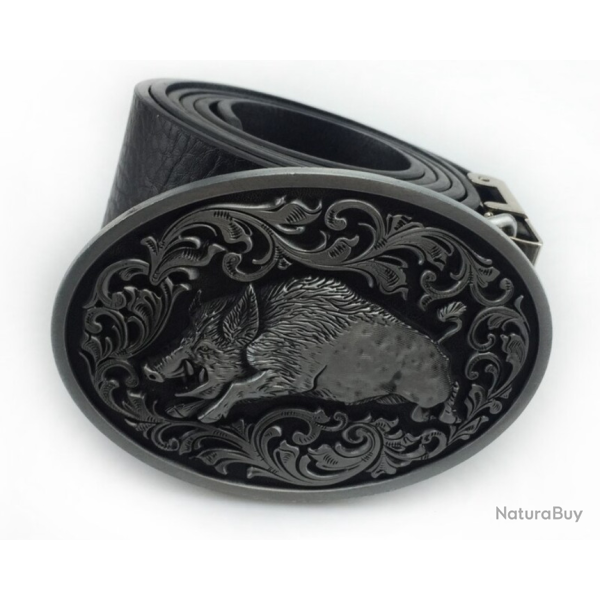 Ceinturon noir, boucle sanglier, argent vieilli.