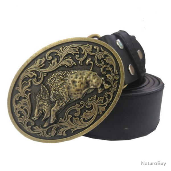 Ceinturon marron fonc�, boucle sanglier, laiton.