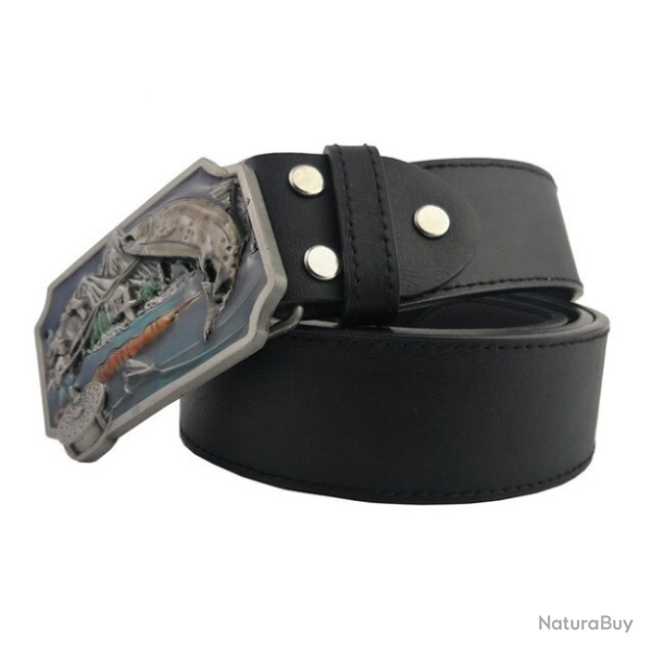Ceinturon marron fonc�, boucle p�cheur, argent vieilli.