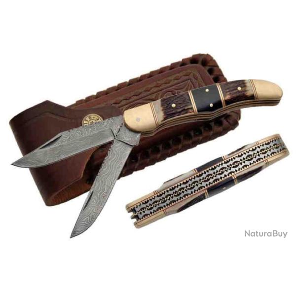 DM1041 Couteau Damas 2 Lames 128 Couches Manche Bois de Cerf/Bois Etui Cuir