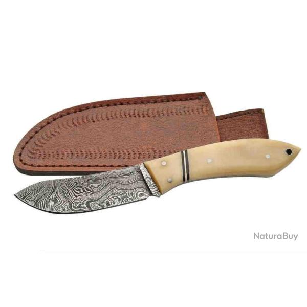 Couteau Damas Skinner Lame Acier 256 Couches Manche Os Etui Cuir DM1073BO