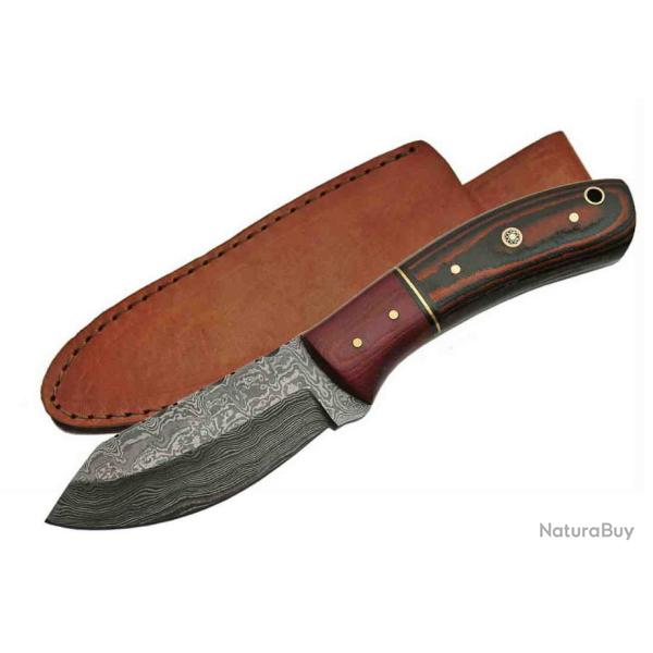 Couteau Damas Skinner Burgundy Micarta Lame Acier 256 Couches Etui Cuir DM1139