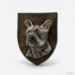 Blason patine bronze ou blanc cass&eacute;  repr&eacute;sentant un Bouledogue Fran&ccedil;ais