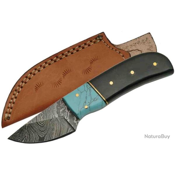 Couteau Damas Lame 256 Couches Manche Corne & Turquoise Etui Cuir DM1146HN
