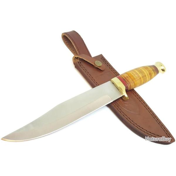 Couteau de Chasse Bowie Stacked Leather Lame Acier Inox Manche Cuir Etui Cuir PA3385
