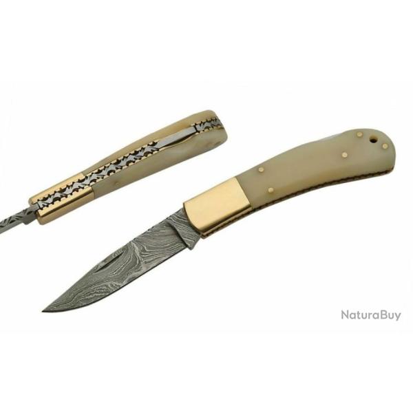 Couteau Damas Pliant Lame 128 Couches Manche Os Beau Guillochage Lockback DM1167