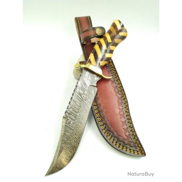 Poignard de chasse lame damas  256 Couches manche en noyer tress tui en cuir  DM122107100