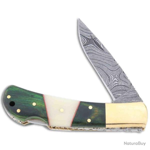 Couteau Damas Pliant Lame 128 Couches Manche Os/Bois Beau Guillochage Lockback DM1169