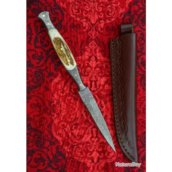 Couteau Dague Damas Lame 256 Couches Manche Os Cerf� Etui Cuir DM1178