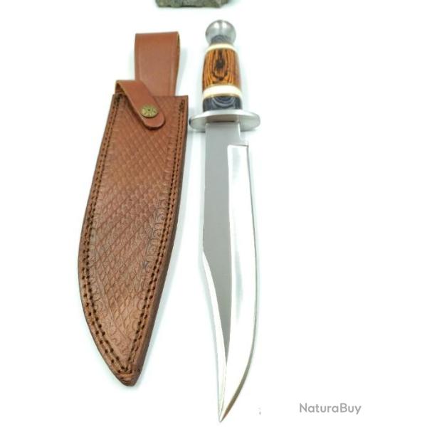 Couteau Bowie Lame en Acier Manche en Bois et Os Etui en Cuir