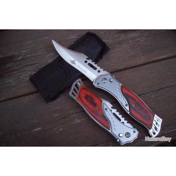 Grand Couteau Automatique Lame Acier Dent�e 10,5 Cm Manche Bois 14 Cm Chasse P�che Bivouac