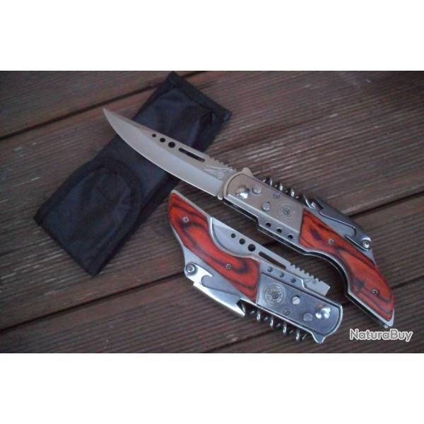 Couteau Multifonctions Automatique � Pistolet � Lame Acier 11 Cm Manche Bois 13,5 Cm Outdoor