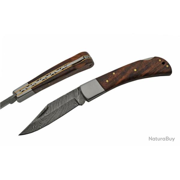 Couteau Damas 128 Couches Pliant Lame Clip point Manche Bois Lockback DM1180