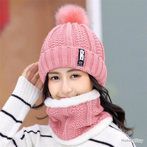 Ensemble bonnet/tour de cou femme, tricot doubl� polaire, rose