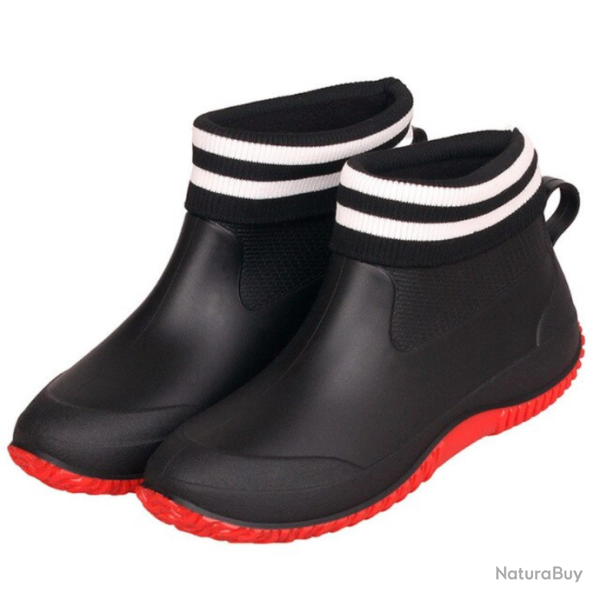 Bottes pluie basses, avec chaussons, du 35 au 44, noir et rouge.