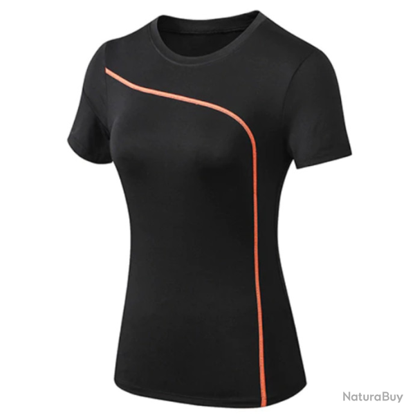 Tee-shirt femme, manches courtes,  tailles S � XXL, noir/orange.