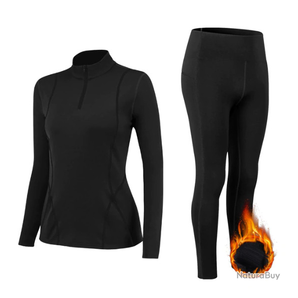 Ensemble sous-v�tement thermique femme, 2 pi�ces, noir uni, tailles S � XXL.