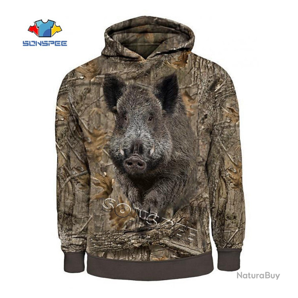Pull sweat  capuche, motif sanglier, camo, tailles de S  5XL.