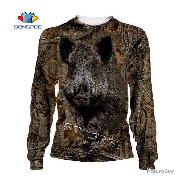 Tee-shirt manches longues, motif sanglier, camo, taille de S � 5XL.