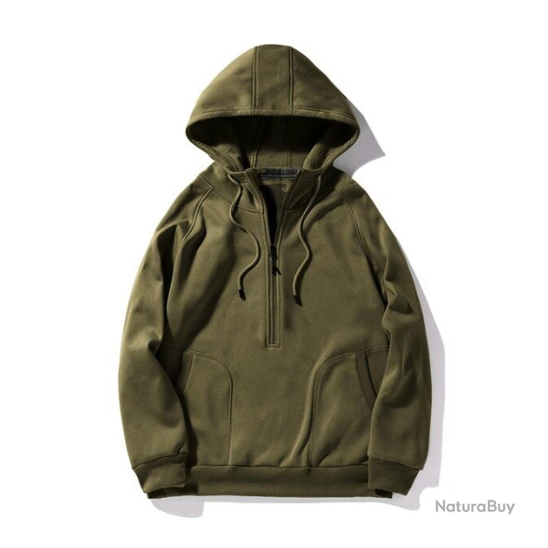 Pull sweat � capuche, col fermeture, kaki, tailles de S � 3XL.