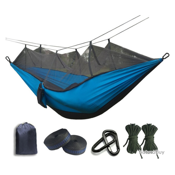Hamac ultra-leger, moustiquaire, bicolore bleu.