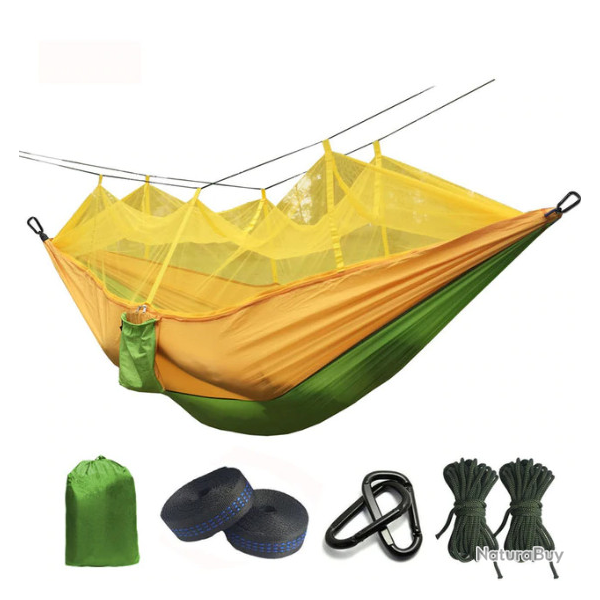 Hamac ultra-leger, moustiquaire, jaune et vert.