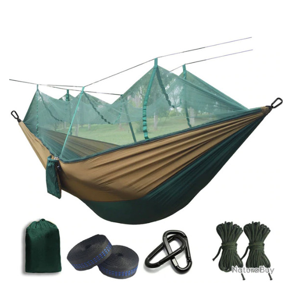 Hamac ultra-leger, moustiquaire, bicolore beige/vert.