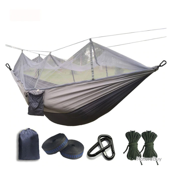 Hamac ultra-leger, moustiquaire, bicolore beige et noir.