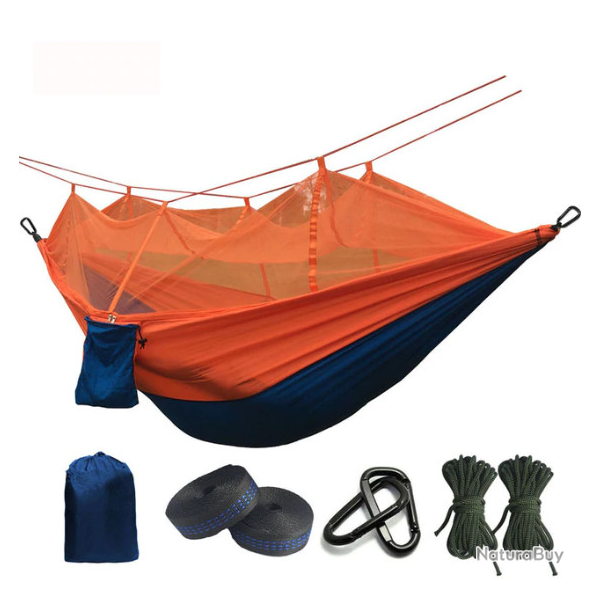 Hamac ultra-leger, moustiquaire, bicolore orange/bleu.