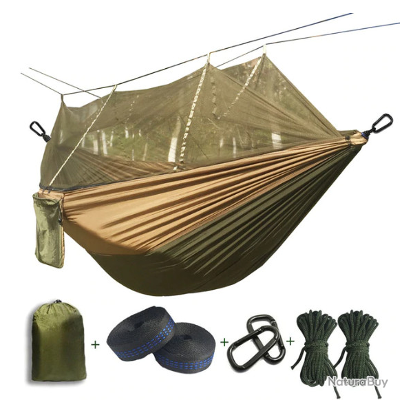 Hamac ultra-leger, moustiquaire, bicolore beige/kaki.