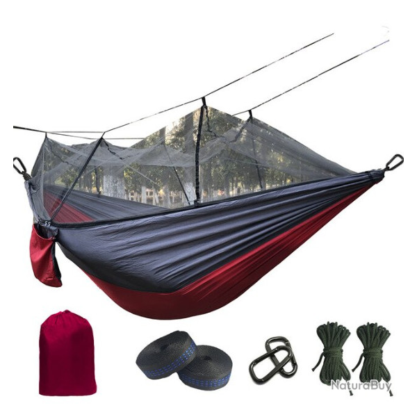 Hamac ultra-leger avec moustiquaire, bicolore gris et rose.