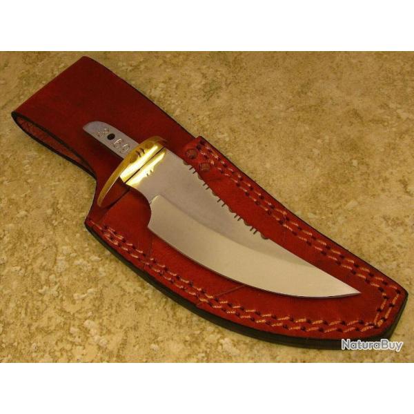 Lot de 2 Lames de Couteau � Customiser Skinner Acier Carbone Dos Guilloch� Etui Cuir BLSOB1