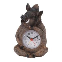 R&eacute;veil Sanglier assis avec cadran, en r&eacute;sine 14cm