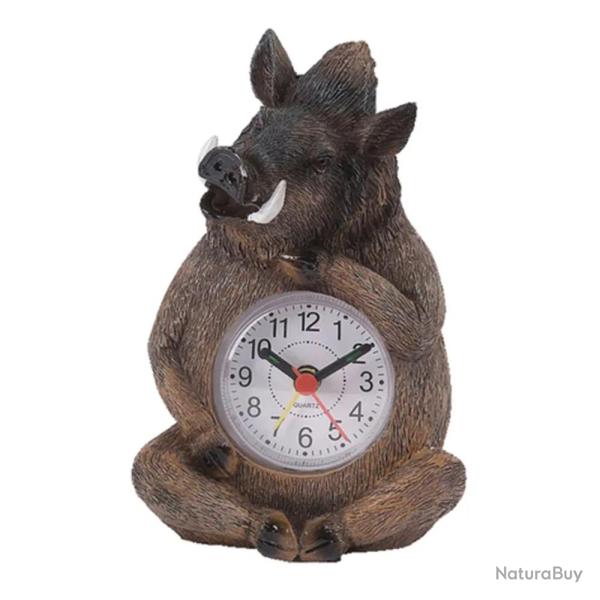R�veil Sanglier assis avec cadran, en r�sine 14cm