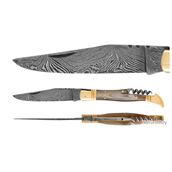 Couteau pliant damas - Corne blonde - Tire bouchon (4)