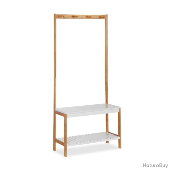 Portemanteau �tag�re avec banc � chaussures avec 4 crochets 150 cm bois naturel et blanc 13_0002296