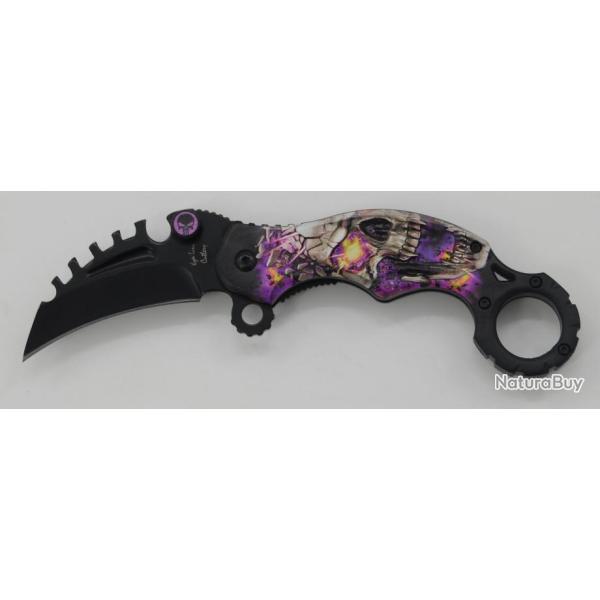 Couteau Pliant Karambit Skull  Violet  Lame de 7 cm