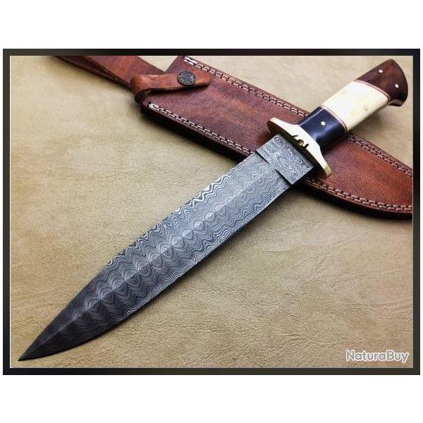 LAME DAMAS - Dague de chasse double tranchant - Manche Os, bois et corne (3)