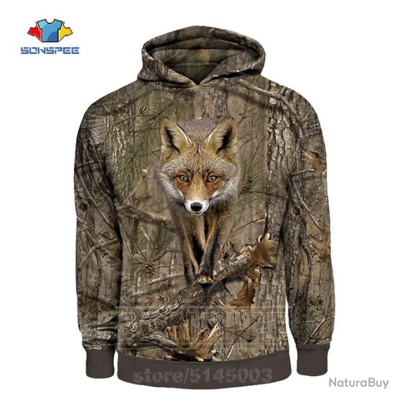 Pull sweat  capuche, motif renard, camo, tailles de S  5XL.