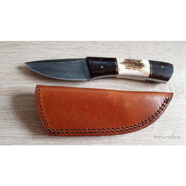 Couteau Damas Skinner Lame Acier 256 Couches Manche Bois/Corne Etui Cuir DM1183