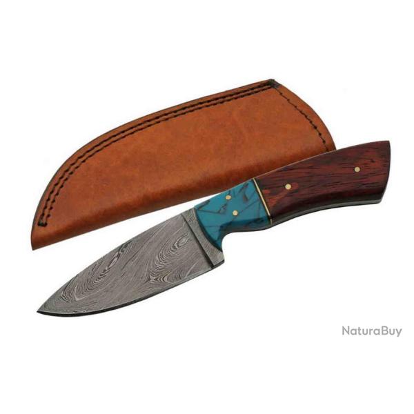 Couteau Damas Lame Acier 256 Couches Manche Bois/Turquoise Etui Cuir DM1187