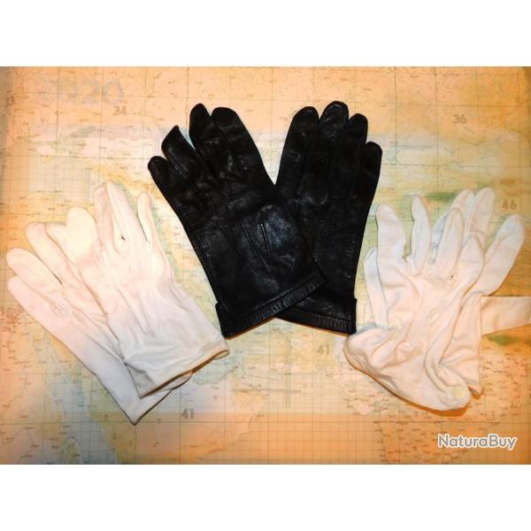 MARINE NATIONALE : LOT 3 PAIRES DE GANTS - 1 PAIRE CUIR NOIR + 2 PAIRES GANTS BLANCS