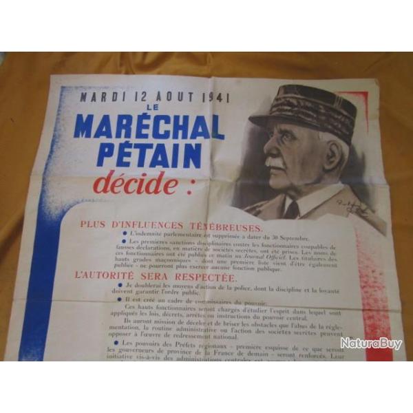 affiche  1941 seconde guerre ww2 le Mar�chal P�tain  d�cide Etat Fran�ais collaboration Vichy