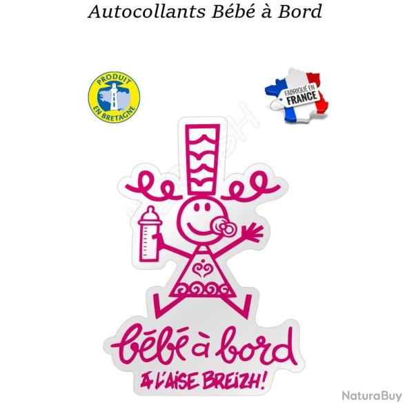 AUTOCOLLANT BEBE A BORD A L'AISE BREIZH Rose