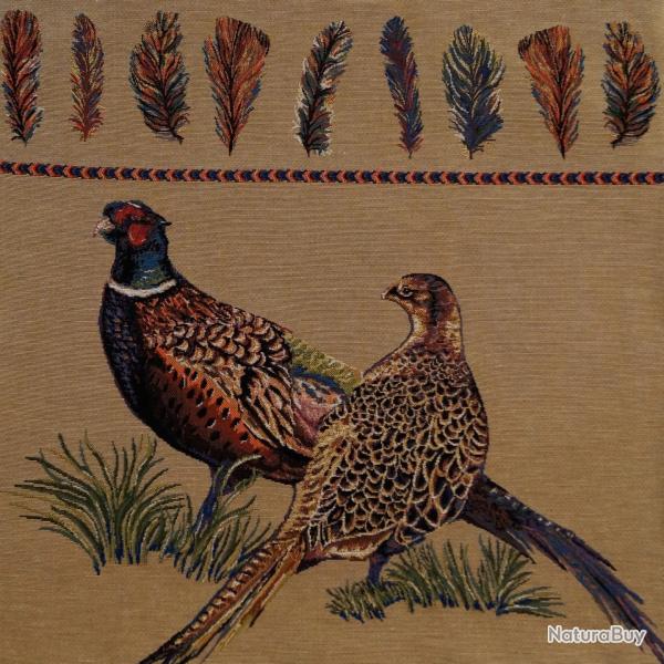 Coussin Couple de faisans et plumes