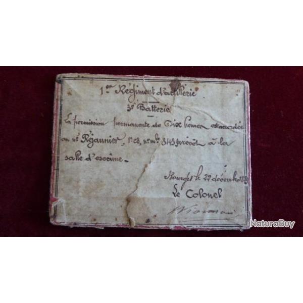 RARE 1889 TICKET PERMISSION POUR SALLE ESCRIME DU 1 RA  ARTILLERIE BOURGES