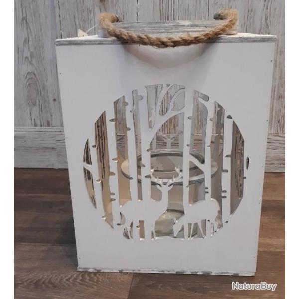 LANTERNE PHOTOPHORE EN BOIS BLANC GRAND MOD�LE