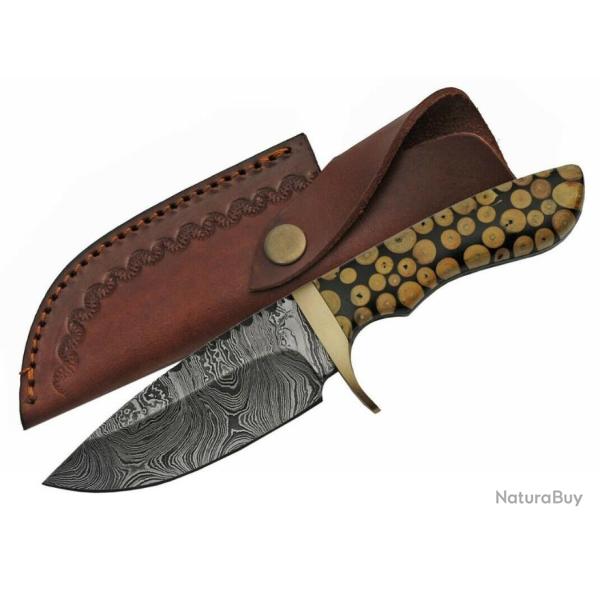 DM1210 Couteau de Chasse Damas Knotted Wood Damas 256 Couches Manche Bois Etui Cuir